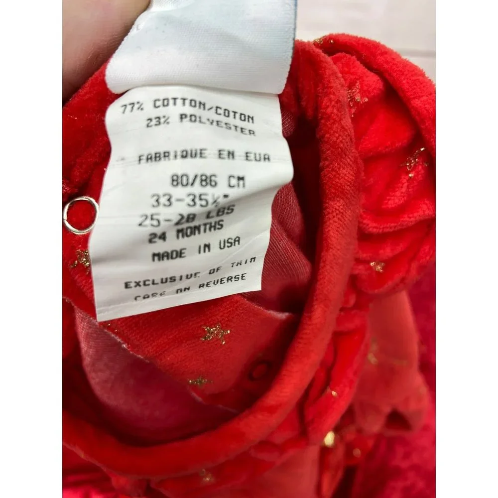 Little Me‎ Vintage Red Velvet Gold Christmas One Piece Button Bottom Size 24 Mo